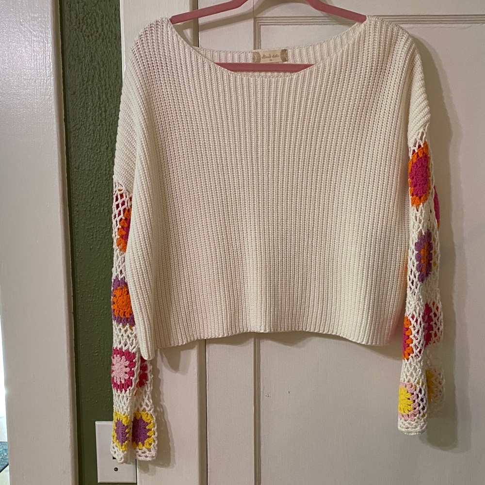Altar'd State Cream Cropped Ribbed Sweater with Pink Velvet Trim